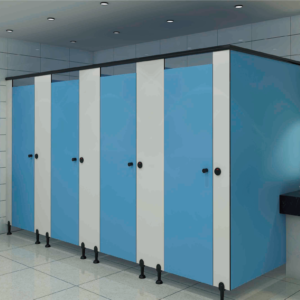 HPL Toilet Cubicle for Commercial Restrooms with Floor Braced Style and Nylon Accessories.