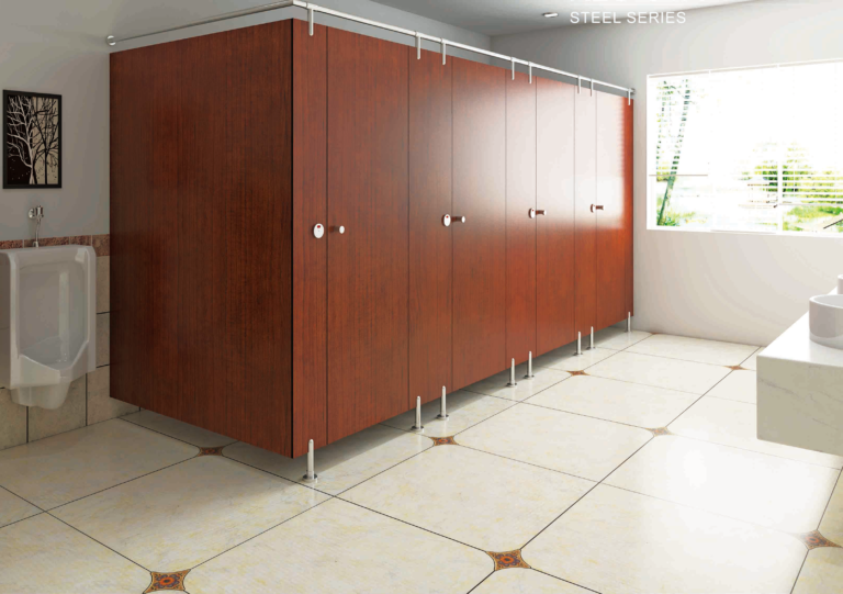 HPL toilet cubicle for Shopping Malls with hanging bracket style and 304 stainless steel accessories.