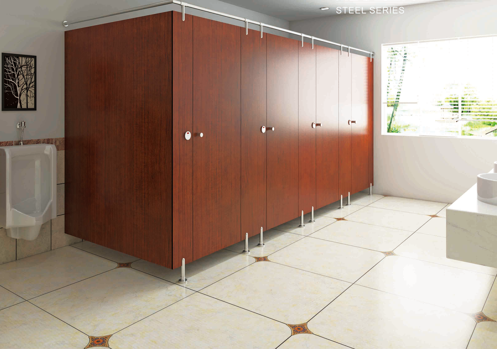 Why HPL Public Shower Partitions are ideal for modern bathroom spaces ? 1 HPL toilet cubicle for Shopping Malls with hanging bracket style and 304 stainless steel accessories.