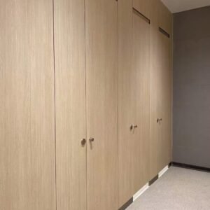 HPL toilet cubicle for Office Buildings with floor-to-ceiling style and wood grain color.