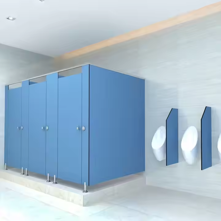 Blue HPL toilet cubicle for airports with 304 stainless steel accessories in a modern, high-traffic restroom setting.